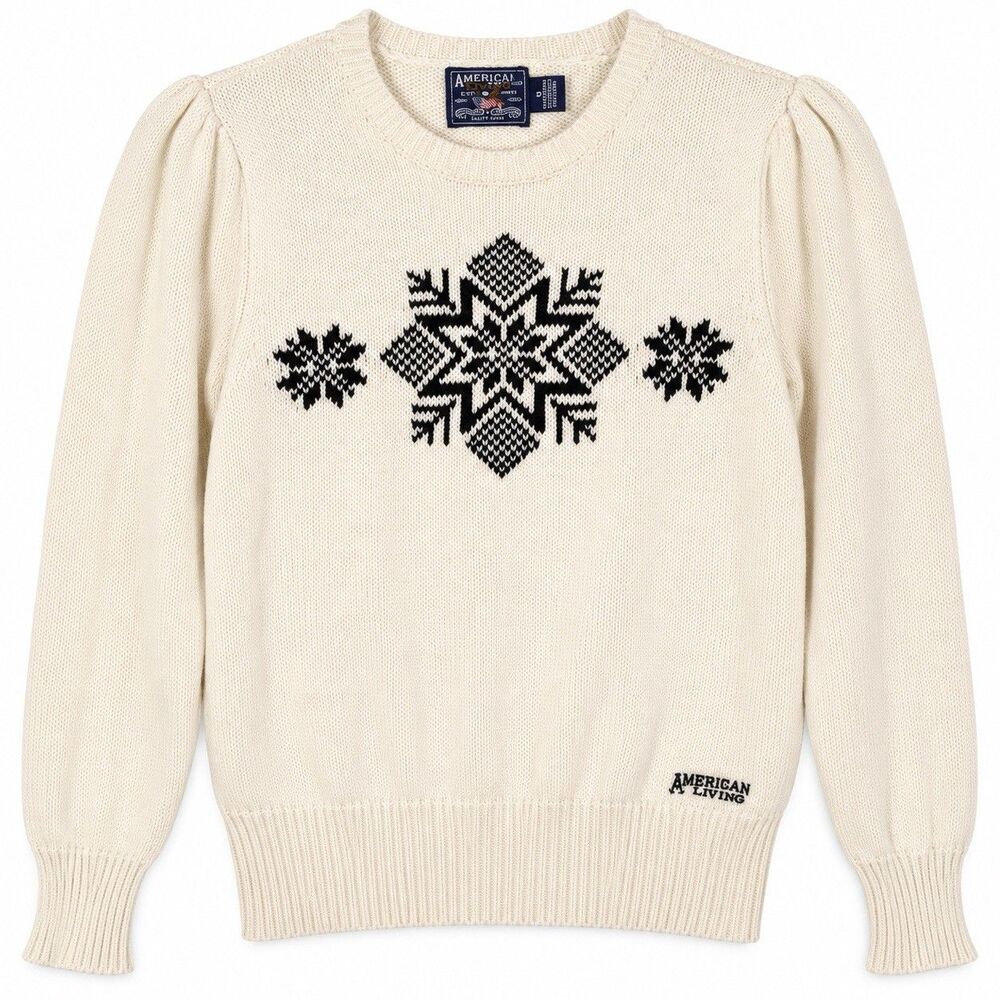 American Living Small Cream Black Snowflake Fair Isle Puff Sleeve Sweater Preppy